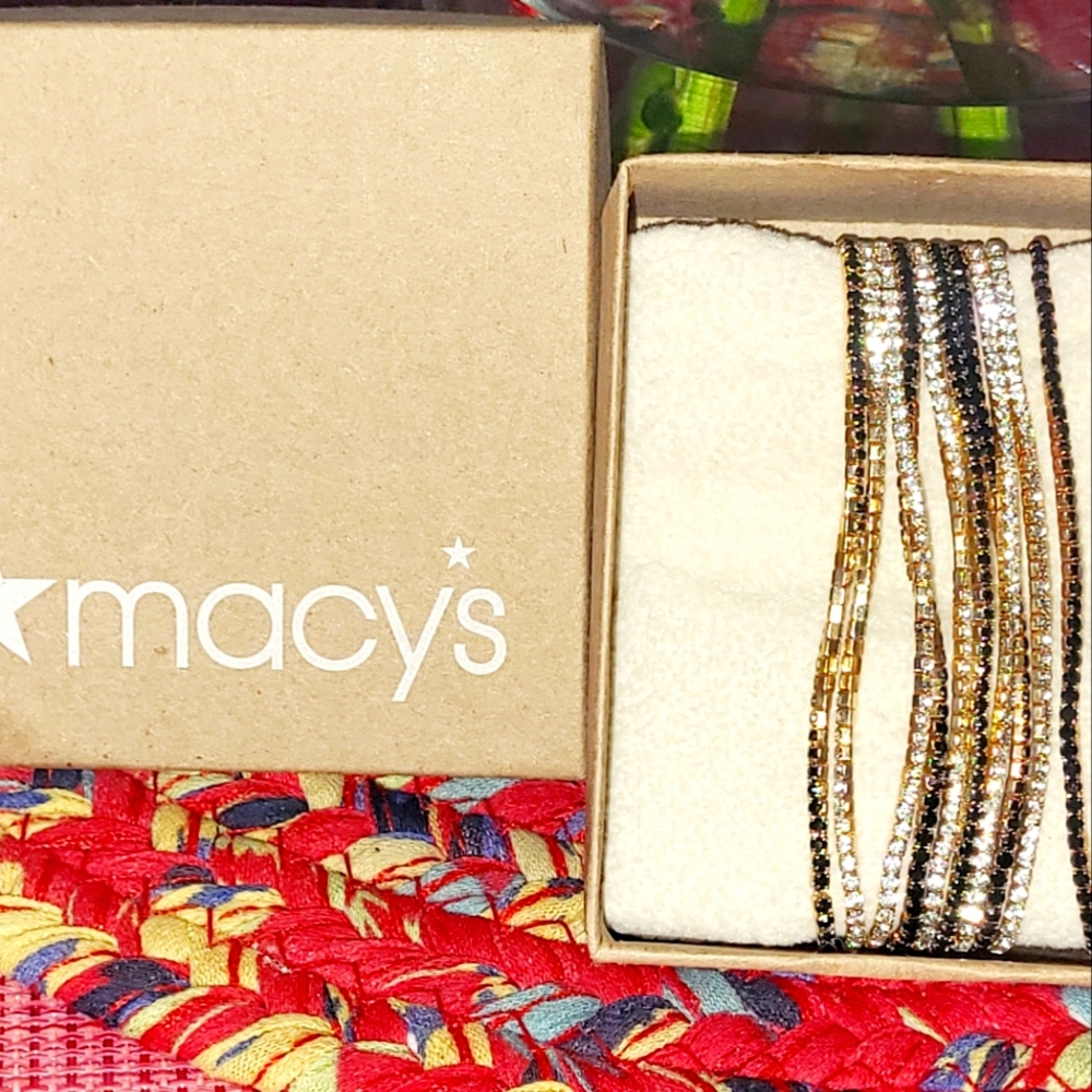 Guess gold tone 10pc set crystals & black stretch bracelets